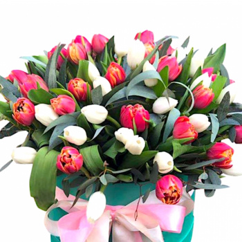 Букет из тюльпанов и зелени в коробке